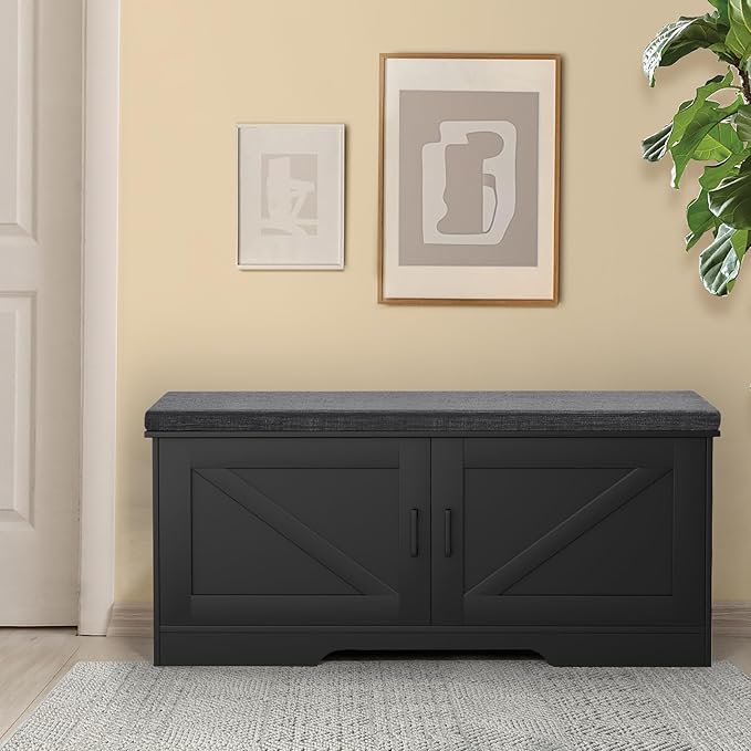 2-Tier Storage Bench, Shoe Bench with Padded Seat Cushion, Entryway Bench with 2 Barn Doors, Adjustable Shelf, 13.8" D x 39.4" W x 17.7" H, for Entryway, Living Room, Bedroom, Black-PurrikoPets