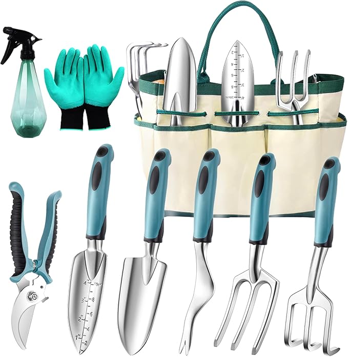 Garden Tool Set 9 PCS, Heavy Duty Gardening Hand Tools for Women, Durability Garden Tool Bag, Rust-Proof Aluminum Gardening Supplies, Ideal Gifts for Women and Men-PurrikoPets