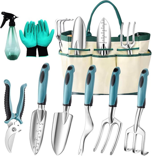Garden Tool Set 9 PCS, Heavy Duty Gardening Hand Tools for Women, Durability Garden Tool Bag, Rust-Proof Aluminum Gardening Supplies, Ideal Gifts for Women and Men-PurrikoPets