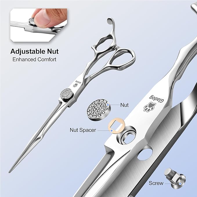 GLADOG 7" Premium 9CR Dog Grooming Scissors with Full Diamond Pivot Nut - Professional Straight Dog Scissors for Grooming, Ideal Dog Shears for Precise Trimming, Pet Grooming Scissors, Grooming Shear-PurrikoPets