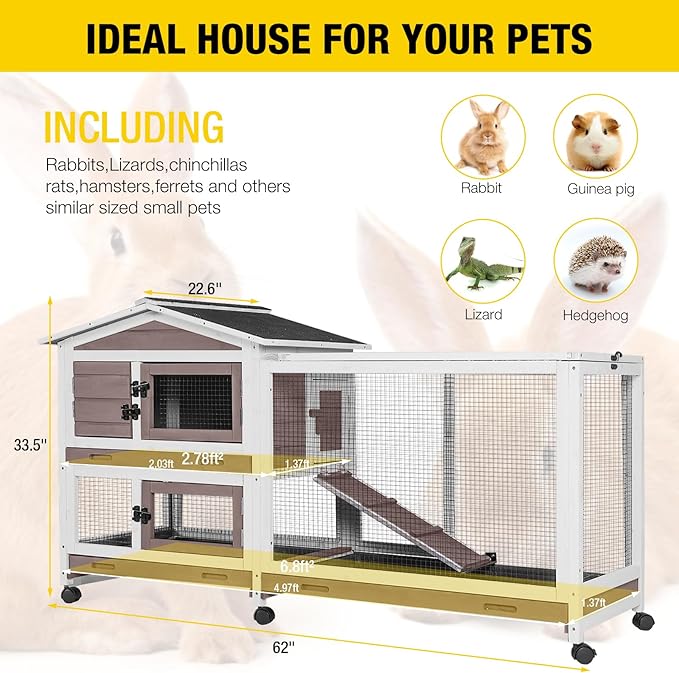 Aivituvin Rabbit Hutch Rabbit Cage Indoor with Casters Bunny Cage Outdoor for Small Animals with Pull-Out Tray-PurrikoPets