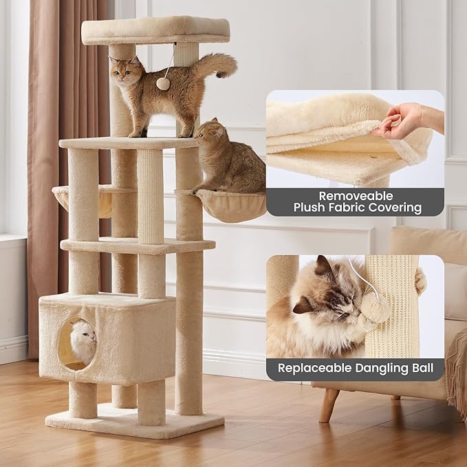 Gardner Pet 65in Heavy Duty Cat Tree Tower for Large Cats, Multi-Level Cat Furniture with Replaceable Sisal Scratching Post, Hammock | Extra-Large Platform & Condo (Upgraded Beige)-PurrikoPets