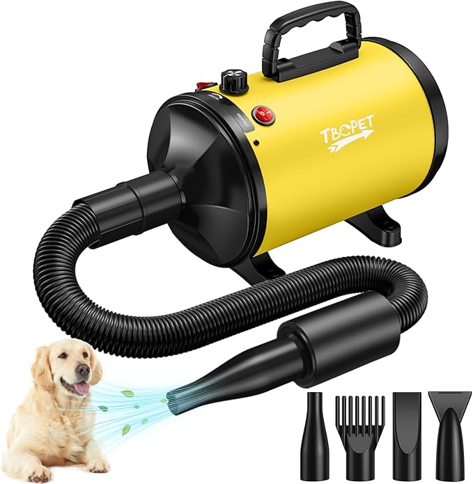 Dog Dryer High Velocity Dog Hair Dryer with 4 Nozzles 5.2HP/3800W (Professional Super Cyclone), Stepless Adjustable Speed Temperature Dogs Grooming Blow Dryer with Heater for Pets Hair Dryer, Yellow-PurrikoPets