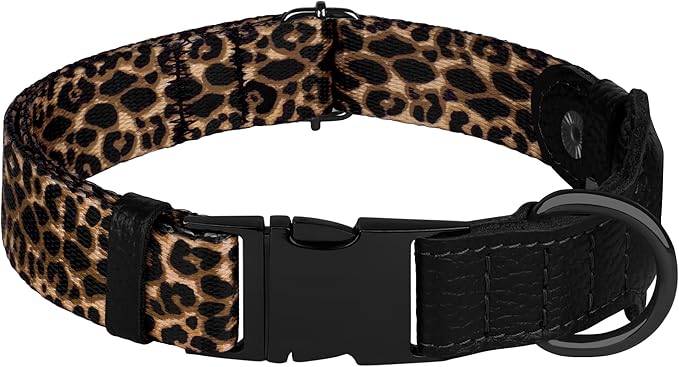 AirTag Dog Collar for Small Medium Large Breed - Adjustable Cute Pattern Dog Collar with Airtag Holder - Soft Leather Tracker GPS Apple Air Tag Pet Collars (Medium, 14"-18" Neck Fit, Leopard)-PurrikoPets