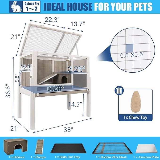 38" L Rabbit Hutch Bunny Cage,Fir Wood Rabbit Cage Indoor Outdoor with Pull Out Tray,Bunny Hutch with Ramp and Hideout,Guinea Pig Cages Rabbit Hutch Indoor with Detachable 4 Legs-PurrikoPets