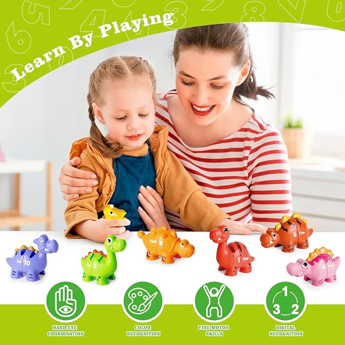20 PCS Dinosaur Number Learning Toys for Toddlers Kids 3-5, 10 Different Dinosaur Figures, Double Sided Number Matching Game, Preschool Activities Montessori Fine Motor Toys for Toddlers Kids-PurrikoPets