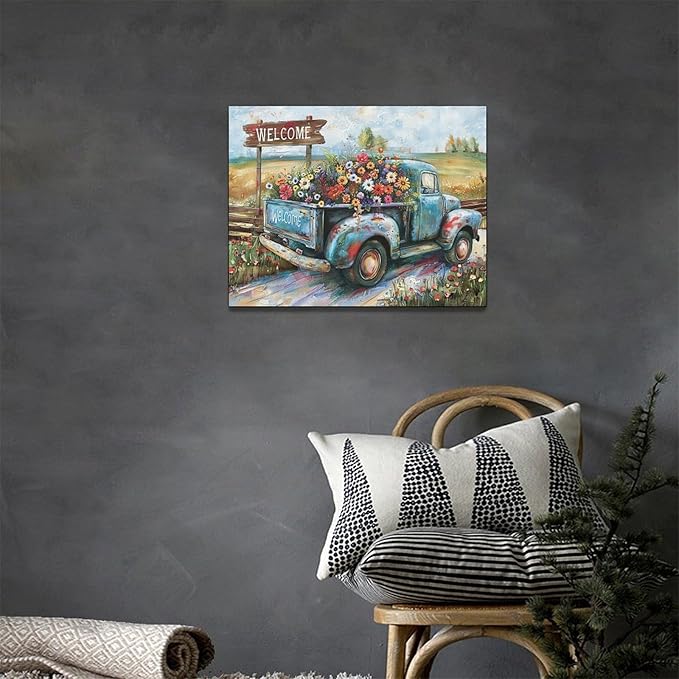 Farmhouse Truck Wall Art Rustic Country Wildflowers Wall Decor Road Flowers Landscape Pictures Canvas Print Painting Artwork for Bathroom Living Room Bedroom 12"x16"-PurrikoPets