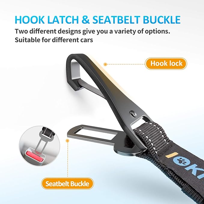 Dog Seat Belt 3-in-1 Car Harness for Dogs Adjustable Safety Seatbelt for Car Nylon Reflective Bungee Fabric Dog Car Harness with Clip Hook Latch & Buckle, Swivel Zinc Alloy Carabiner (Black)-PurrikoPets