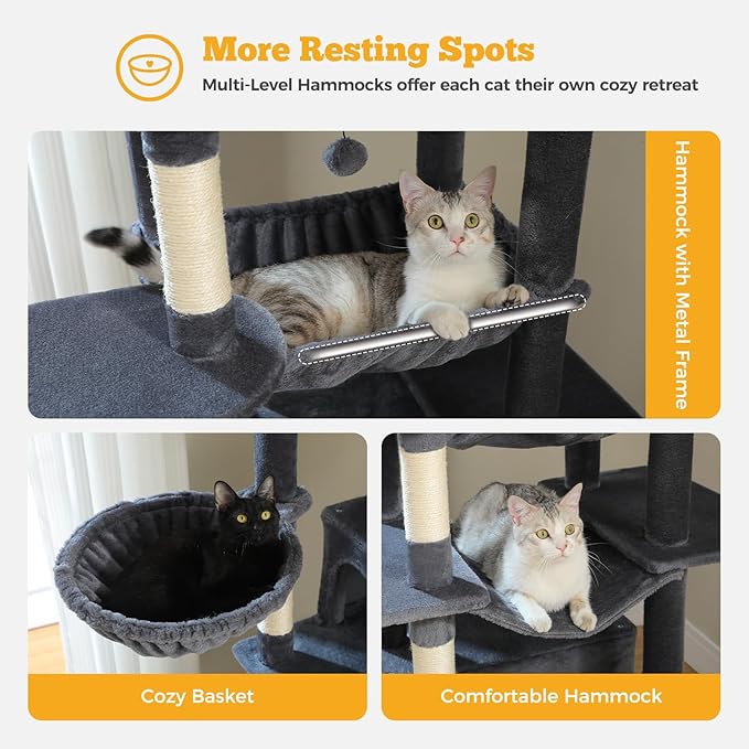 81" Heavy Duty Cat Tree for Large Cats up to 20lbs - Extra Tall Cat Tower with Metal Frame Hammock, 6 Sisal Scratching Posts, 2 Perches - Indoor Cat Furniture for Maine Coon, Dark Gray-PurrikoPets