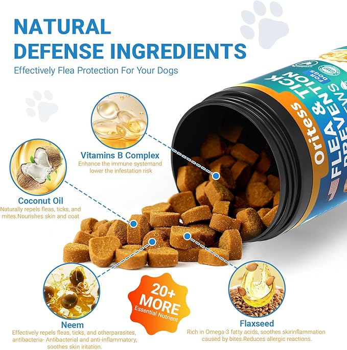Flea and Tick Prevention for Dogs, 180 Soft Chews Natural Dog Flea and Tick Chewables Oral Flea Supplement for Dogs, Puppy Flea Support - All Breeds & Ages - Chicken Flavor-PurrikoPets