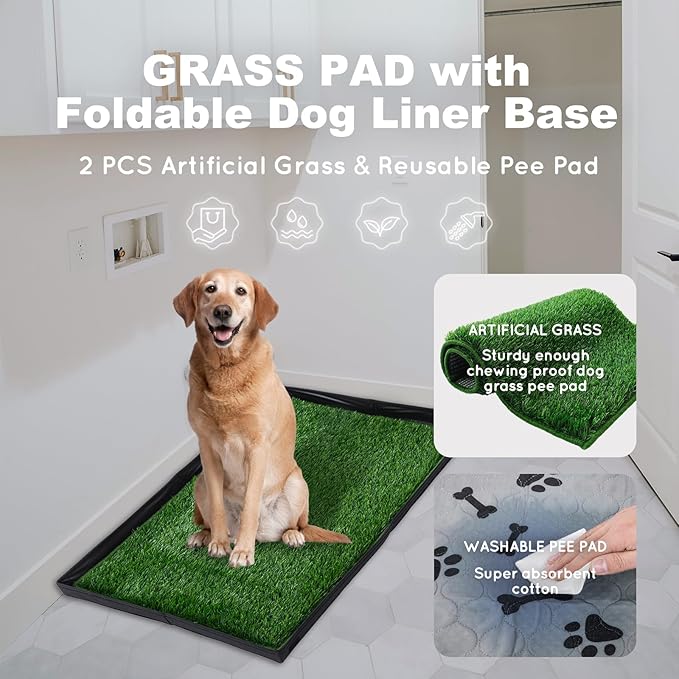 Dog Grass Pad with Foldable Dog Litter Box,Extra Large Liner Base for Balcony，Ultra-Absorbent Artificial Grass Pads for Dogs Pee Pad Holder, Potty Training, 2 PCS Reusable Pee Pad-PurrikoPets