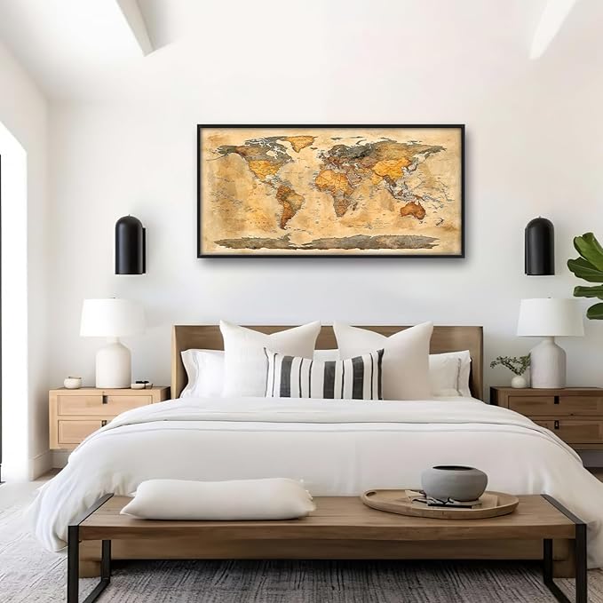 Extra Large World Map Framed Wall Art for Living Room,Oversized Vintage Map of The World Pictures Wall Decor,Canvas Print Painting Modern Artwork Bedroom Office Bathroom 60L" x 30W"-PurrikoPets