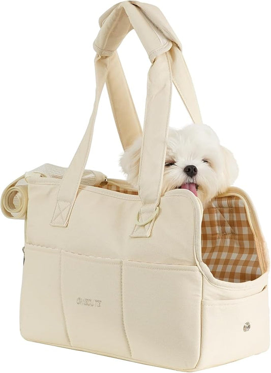 Dog Purse Carrier for Small Dogs Rabbit cat with Large Pockets, Cotton Bag, Dog Carrier Soft Sided, Collapsible Travel Puppy Carrier (Beige, 13.6" L x 6.5" W x 10" H)-PurrikoPets