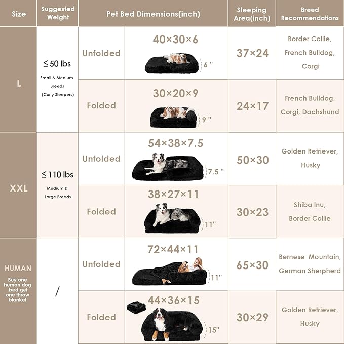 EHEYCIGA Foldable XXL Dog Bed, Faux Fur Fluffy Pet Couch Bed for Extra Large Dogs, Orthopedic Calming Memory Foam Big Pet Bed, Washable Soft Pet Sofa Bed with Non-Slip Bottom, Black, 54"x38"x7.5"-PurrikoPets