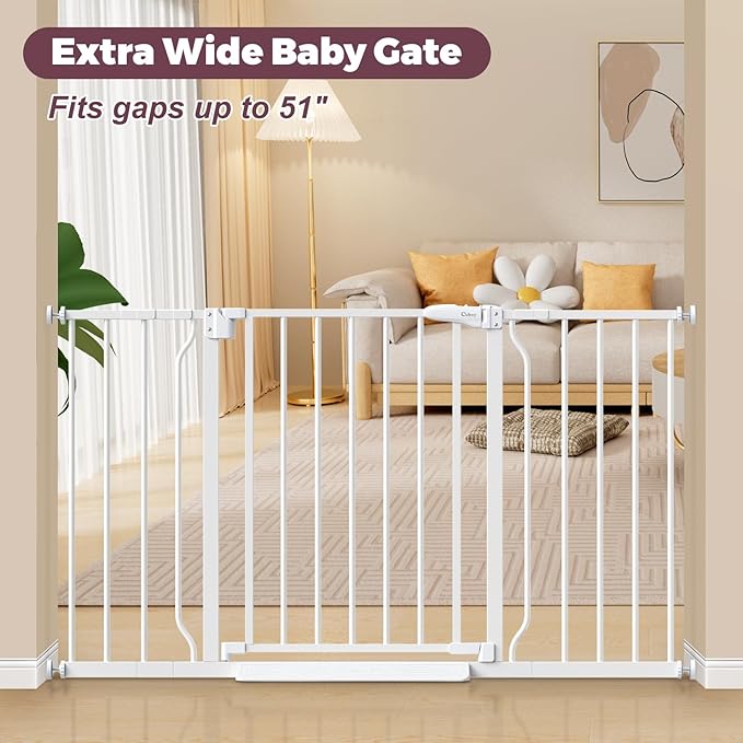 29"-51" Baby Gate for Stairs, Auto Close Stroller Friendly Dog Gate Indoor for Doorways, Pressure Mounted Baby Gate, Easy Walk Through Gate for Children & Pets, White-PurrikoPets