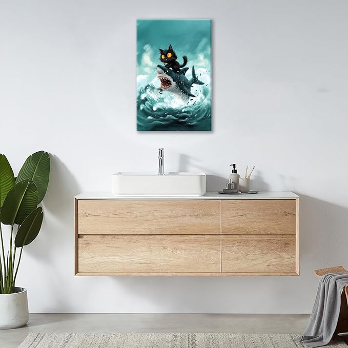 Funny Black Cat Bathroom Wall Art Cute Cat Riding Shark Canvas Wall Decor Animal Kitten Pictures Painting Print Artwork Framed Decorations Gifts for Cat Lover Kids Room Bedroom 16"x24"-PurrikoPets