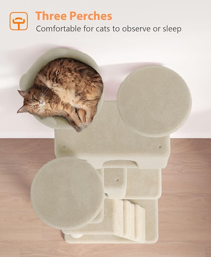 77'' Cat Tree Tower for Indoor Cats Large Adult, Cute/Tall Modern Cat Tree for Big Cats 20 lbs, Plush Multi-Level Cat Condo with Scratching Posts, Dangling Ball for Fun Play (Beige, 77 inch)-PurrikoPets