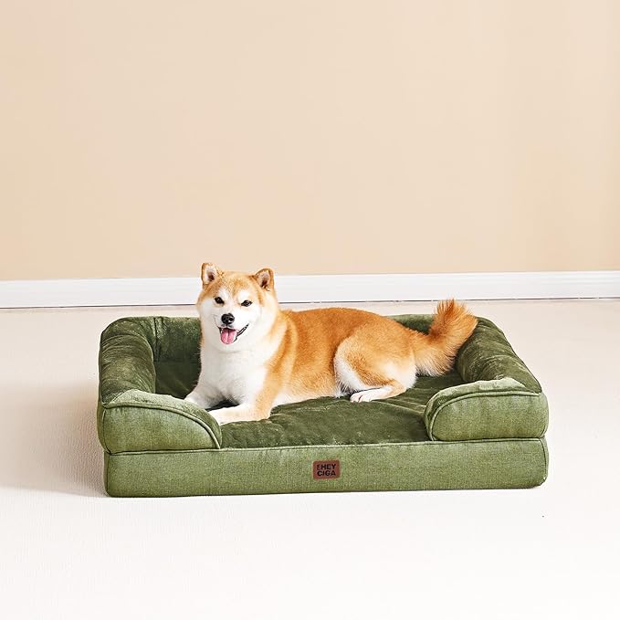 EHEYCIGA Orthopedic Dog Beds Large Sized Dog, Waterproof Memory Foam Pet Bed with Sides, Non-Slip Bottom Large Pet Bed with Washable Removable Cover, Olive Green-PurrikoPets