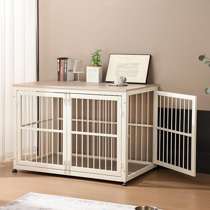 48" Rustic Heavy Duty Dog Crate Furniture for Extra Large Dogs, Decorative Pet House End Table, Wooden Cage Kennel Furniture Indoor, Double-Doors Sturdy Dog Cage-PurrikoPets