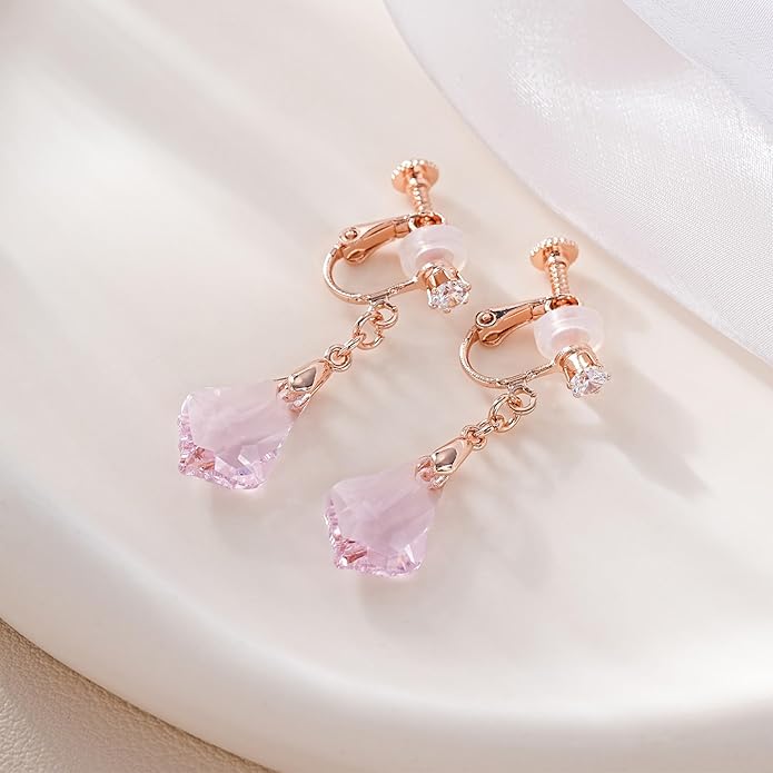 Austrian Crystal Baroque Drop Clip On Dangle Earrings for Women Non Pierced 14K Rose Gold Plated Hypoallergenic Jewelry