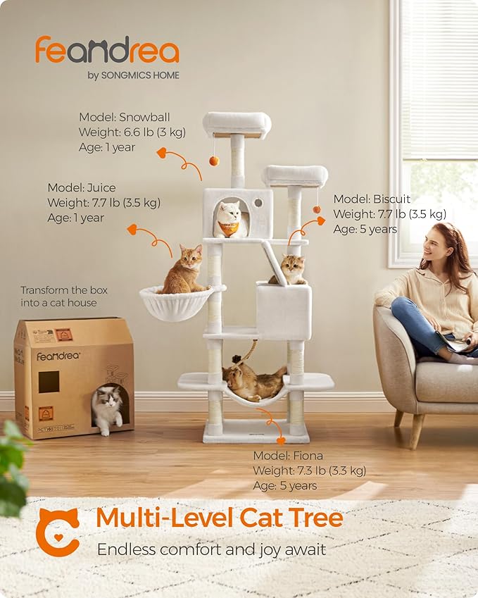 Feandrea Cat Tree, 66.1-Inch Large Cat Tower with 13 Scratching Posts, 2 Perches, 2 Caves, Basket, Hammock, Pompoms, Multi-Level Plush Cat Condo for Indoor Cats, Cream White UPCT165T01-PurrikoPets