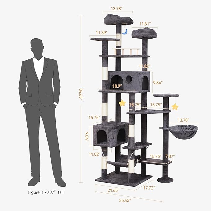 85in Giant Cat Tree for Heavy Duty Big Cats, Large Cat Trees with Scratching Post, Cat Tree Tower with Cat Condos, Hammock & Plush Perch for Maine Coon, Smoky Gray-PurrikoPets