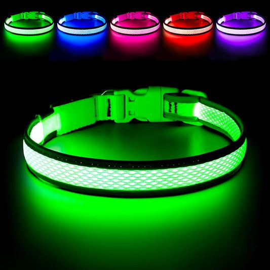Flashseen LED Dog Collar, Light Up Dog Collar Lights USB Rechargeable, Adjustable Comfortable Soft Mesh Safety Collar for Small, Medium, Large Dogs(Large, Neon Green)-PurrikoPets