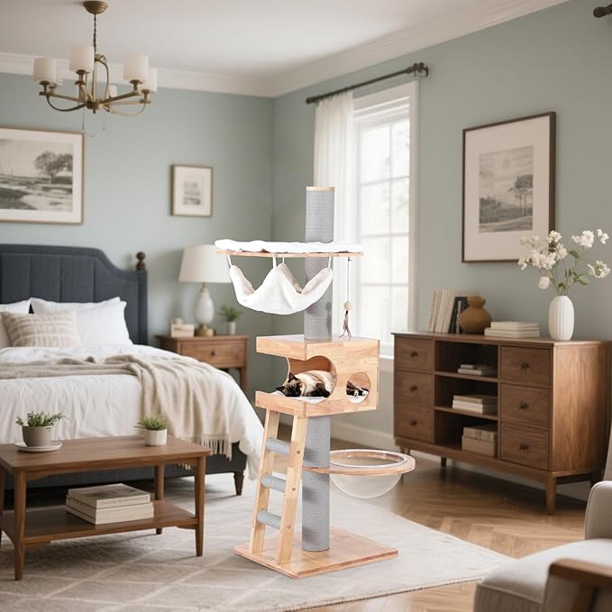 63-inch Modern Cat Tree, Luxury Cat Tower with Scratching Post, Unique Cat Condo with Hammock, Heavy Duty Kitty Climbing Tree for Indoor Cat, Wooden Kitty House for Small Medium Large Cats-PurrikoPets