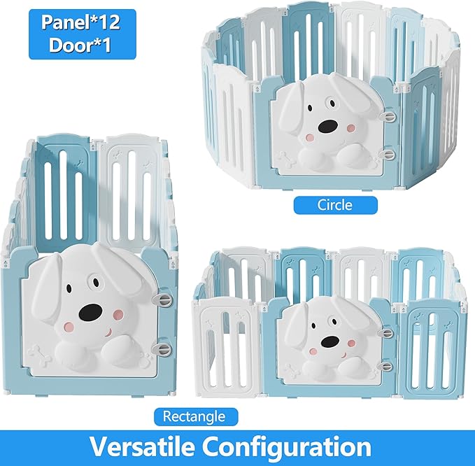 Foldable Dog Play Pen Indoors, Non-Slip Sturdy Puppy Playpen with Door, 25.5" H 12-Panel Adjustable Shape Dog Fence Pen for Small/Medium Dogs, Thickened, Easy to Store, White+Blue-PurrikoPets