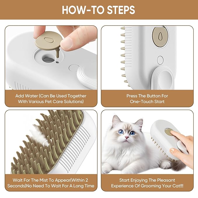 4-in-1 Cat Steam Brush for shedding – Self-Cleaning Comb for Long and Short Hair Cats and Dogs, Steam Pet Brush for Hair Removal, Vibrating Message, Grooming & Relaxation (White)-PurrikoPets