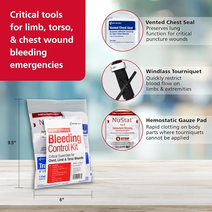First Aid Only 91137 Critical Essentials Bleeding Control Kit for Chest, Limb & Torso Wounds, 10 Pieces-PurrikoPets