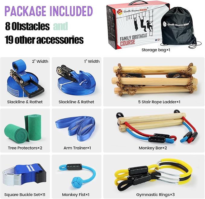 2×56ft Ninja Warrior Obstacle Course for Kids - 600 lbs Weight Capacity, Slackline Obstacle Course with 8 Ninja Accessories - Monkey Bar, Rope Ladder, Gymnastic Ring, Arm Trainer and Monkey Fist-PurrikoPets