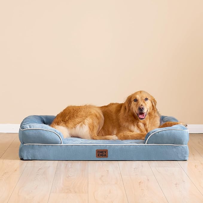 EHEYCIGA Orthopedic Dog Beds for Large Dogs, Waterproof Memory Foam Large Dog Bed with Sides, Non-Slip Bottom and Egg-Crate Foam Pet Couch Bed with Washable Removable Cover, Washed Blue-PurrikoPets