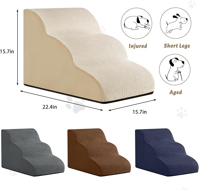 3-Step Dog Ramp and Stairs for Sofa and Chair - Non-Slip Sturdy Pet Steps for Small Dogs and Cats,15.7" H,Beige-PurrikoPets