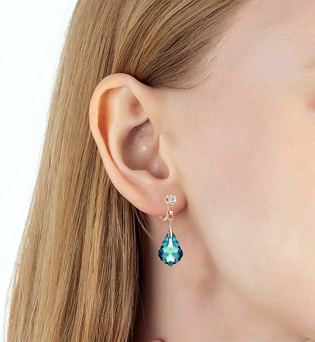 Austrian Crystal Baroque Drop Clip On Dangle Earrings for Women Non Pierced 14K Rose Gold Plated Hypoallergenic Jewelry