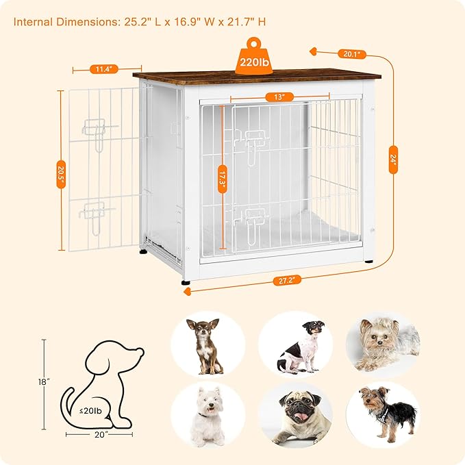 DWANTON Dog Crate Furniture with Cushion, Wooden Kennel Table with Double Doors, Indoor Dog House, Small/Medium/Large Size, 27.2" L, White+Rustic Brown-PurrikoPets