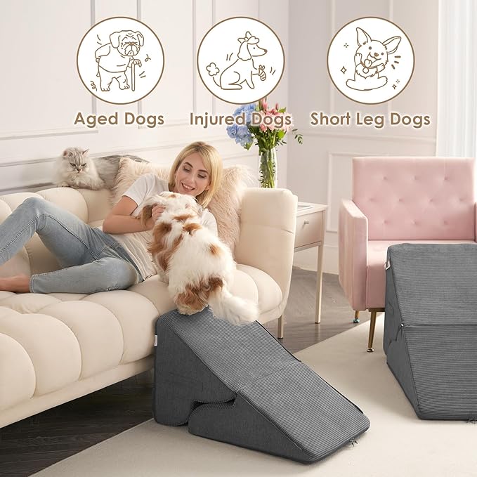 EHEYCIGA Curved Foldable Dog Stairs Ramp for High Beds 19.7" H, 4-Step Dog Steps for Small Dogs and Cats, Pet Stairs for High Bed Climbing, Non-Slip Balanced Pet Step Indoor, Grey-PurrikoPets