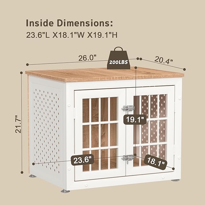 26" Heavy Duty Dog Crate Furniture for Small Dogs, Metal Kennel for High Anxiety Dogs, Chew Proof Pet Cage Indoor, Decorative Dog Kennel End Table,White-PurrikoPets