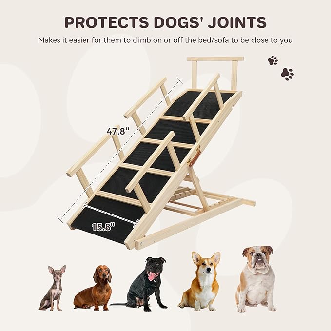 Dog Ramp for Bed PANTAZO Adjustable Ramps for Small Dogs to Get on Bed, Up to 28.5 Inches, 48'' Long,120lbs with Anti-Slip Grip & Safety Rail-PurrikoPets