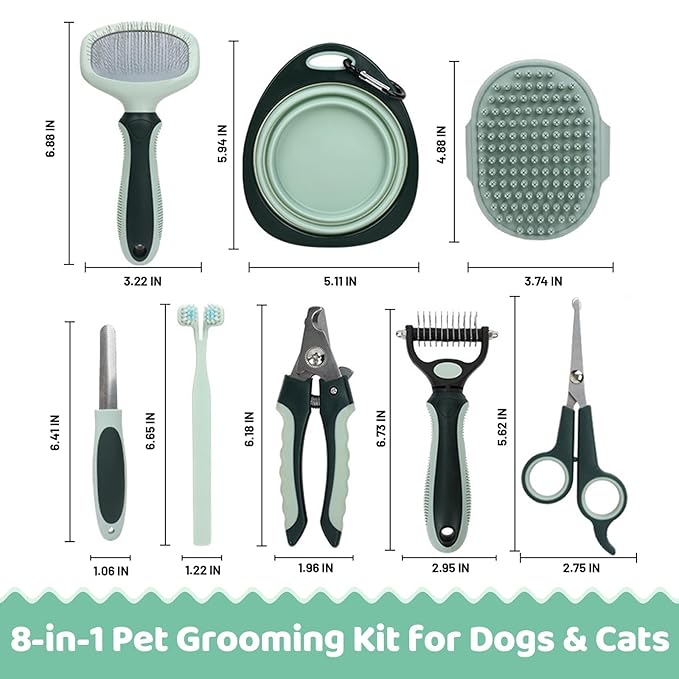 8-in-1 Pet Grooming Kit for Dogs & Cats - Includes Slicker Brush, Nail Clippers, Comb, Scissors, Toothbrush & Collapsible Bowl - Deshedding, Hair Trimming & Care Set, Travel Bag-PurrikoPets