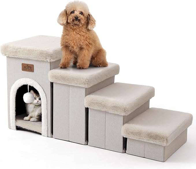 Dog Stairs for Small Dogs with Storage and Condo, 17.5" H Foldable Pet Stairs for Small Medium or Puppy Dogs and Older Cats, Dog Steps for Bed or Couch, 13x35x17.5 inch, 4 Tiers, Beige-PurrikoPets