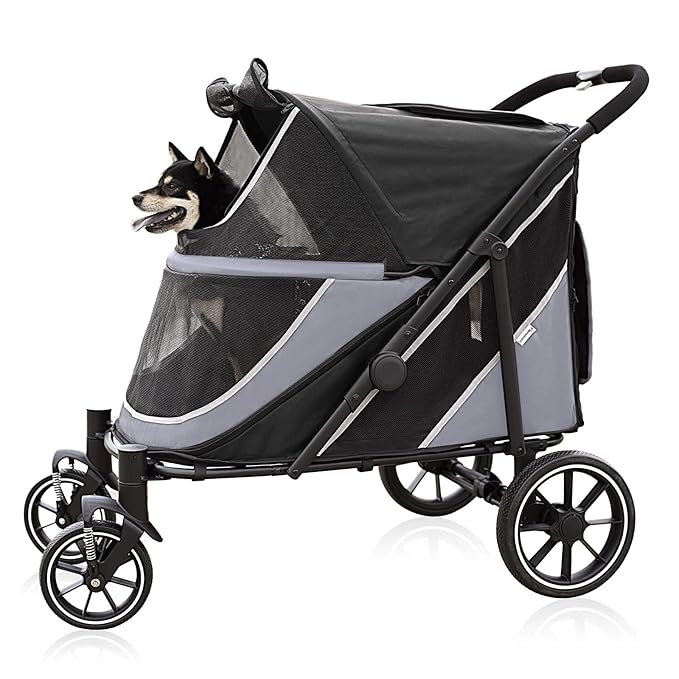 Dog Stroller for Medium/Large Dogs One-Click Folding, Extra Large Pet Stroller for 2 Dogs with Storage Pocket & Shock Absorption, Up to 130 lbs, Grey-PurrikoPets