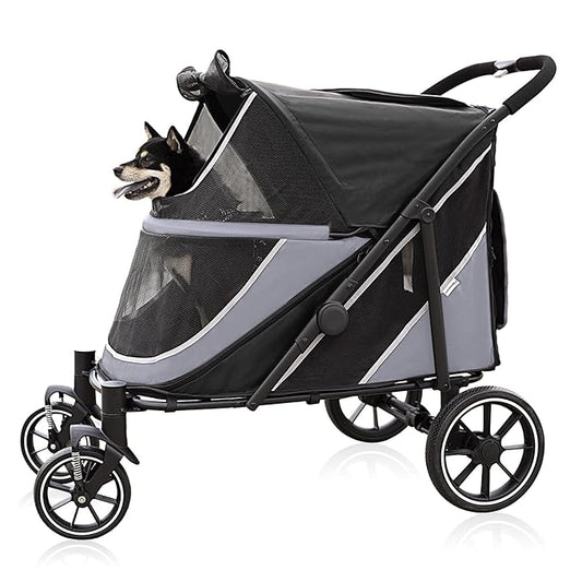 Dog Stroller for Medium/Large Dogs One-Click Folding, Extra Large Pet Stroller for 2 Dogs with Storage Pocket & Shock Absorption, Up to 130 lbs, Grey-PurrikoPets