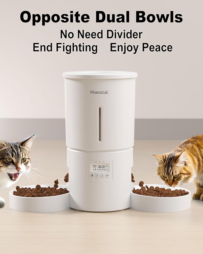 Dual Automatic Cat Feeder 2 Cats,6 Meals/Day,12 Portions/Meal,4.2L Dual Power Double Bowls Feeder,Dry Food Auto Pet Dispenser,10S Voice Record,Flexible Schedule Timer (White,Basic Dual Bowls)-PurrikoPets