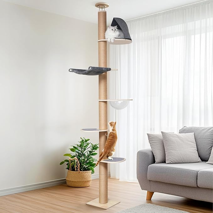 FUKUMARU Floor to Ceiling Cat Tree, 6 Level Adjustable Height (5.7-9.8 ft) Climbing Tower with Thickened Scratching Posts, Cats Activity Center with Transparent Capsule and Cozy Hammock-PurrikoPets