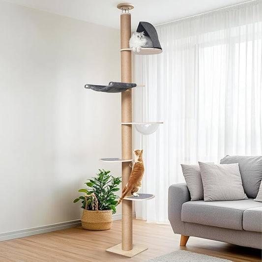 FUKUMARU Floor to Ceiling Cat Tree, 6 Level Adjustable Height (5.7-9.8 ft) Climbing Tower with Thickened Scratching Posts, Cats Activity Center with Transparent Capsule and Cozy Hammock-PurrikoPets