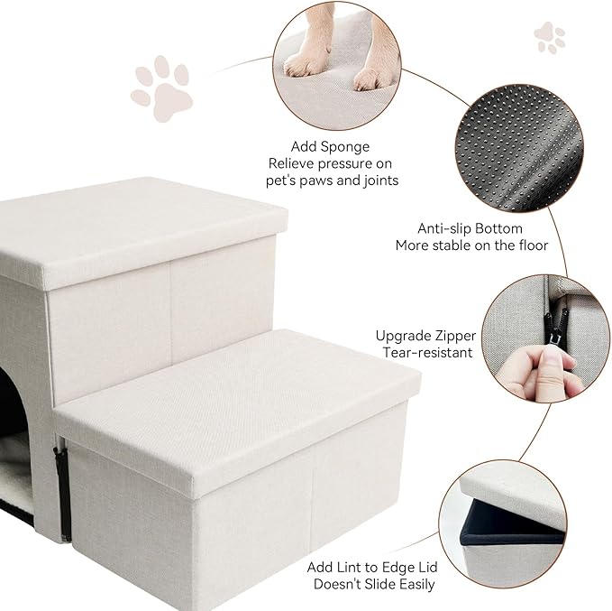 Dog Stairs with Condo 15" H, 2-Step Wider Dog Steps for Small/Medium/Large Old Dogs Cats, Folding Sturdy Storage Pet Stairs Climbing Bed Couch, Ramp for Car Hold Up to 150 lbs, Beige-PurrikoPets