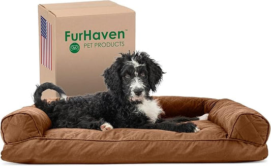 Furhaven Pillow Dog Bed for Large/Medium Dogs w/ Removable Bolsters & Washable Cover - Quilted Sofa - Toasted Brown, Large-PurrikoPets