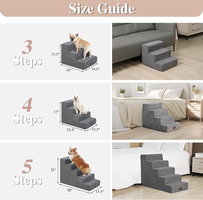 GGIB Dog Stairs for Small Dogs Cats Non-Slip Dog Steps for High Bed Pet Stairs for Sofa Couch Pet Ramp Pet Steps with Removable Washable Cover, Grey, 22" H, 5-Step-PurrikoPets