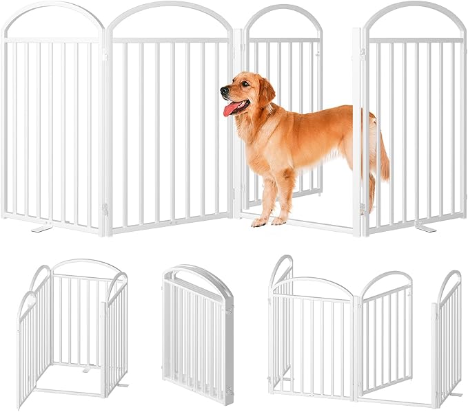 4 Panles Full Matel Freestanding Dog Gates with Door, 96"Extra Wide 32"Tall Free Standing Dog Pet Gate for Indoor & Outdoor. Foldable Pet Fences for Doorways, House, Stairs, Porch, Deck, Yard-PurrikoPets